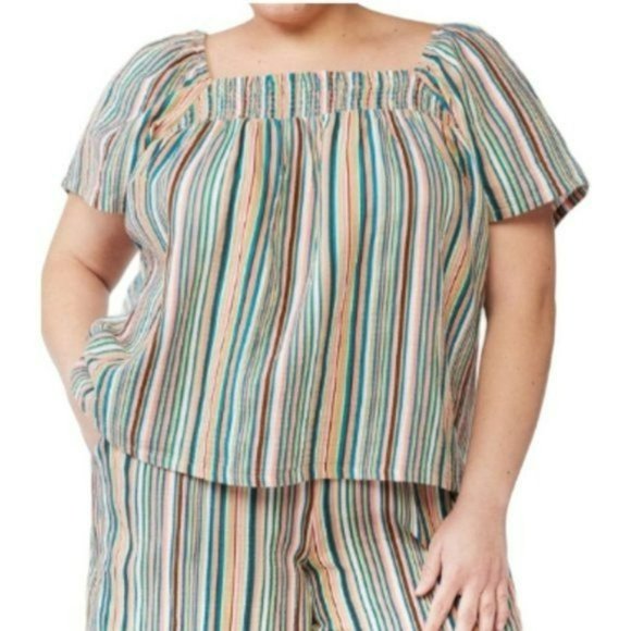 Striped Top 100% Cotton Linen Sleep Shirt Lounge Womans L 12/14 LH127 - Picture 3 of 4